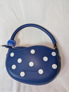 Melie Bianco Blue White Polka Dot Vegan Leather Mini Bag Handbag w/ Resin Charm